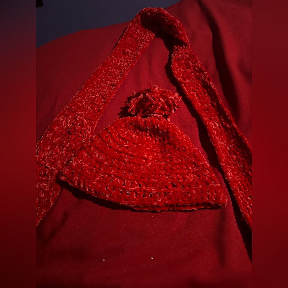 knitted cap and scarf.